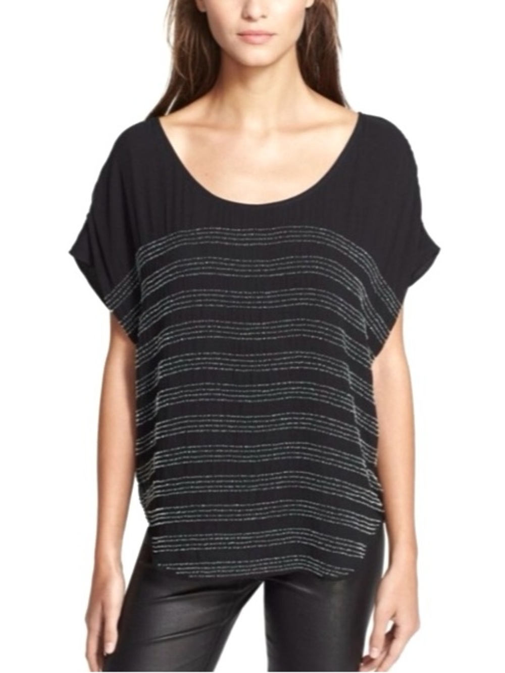 NWT Joie Silk Beaded Stripe Embellished Blouse Oversize Top Black Large New